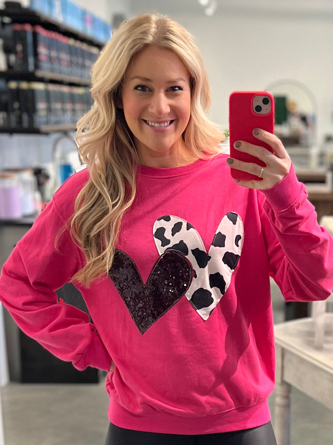 Strawberry Pink Cow & Sequin Double Heart Patch Sweatshirt