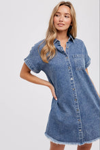 Load image into Gallery viewer, Denim Shirt Dress with Frayed Hem and Cuffed Sleeves