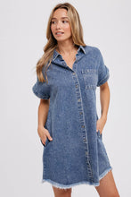 Load image into Gallery viewer, Denim Shirt Dress with Frayed Hem and Cuffed Sleeves