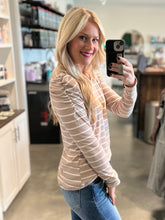 Load image into Gallery viewer, blonde wearing beige and white striped shirt