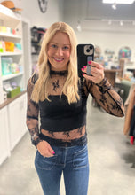 Load image into Gallery viewer, blonde wearing black lace top