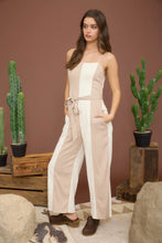 Load image into Gallery viewer, brunette girl wearing tan and ivory jumpuit