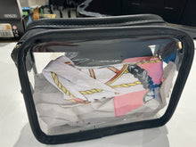 Load image into Gallery viewer, Clear, rectangular, stadium cross-body bag, gold-tone hardware, decorative scarf
