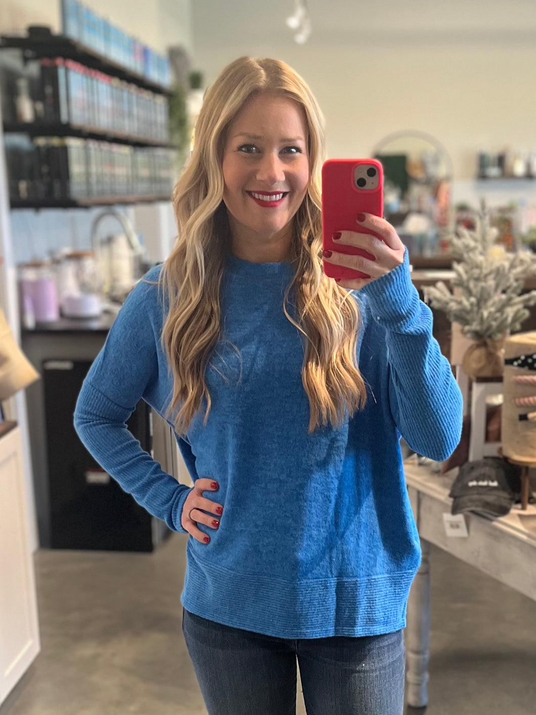 Ocean Blue Soft Sweater with Ribbed Sleeves