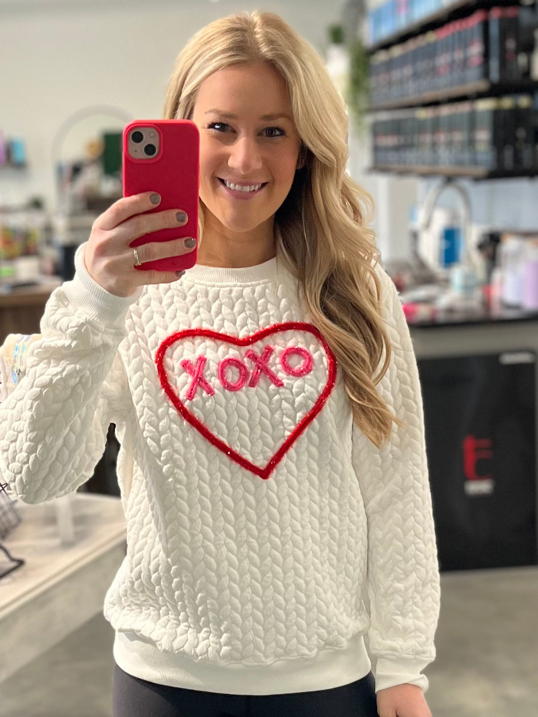 White Valentines Heart XOXO Graphic Textured Sweatshirt