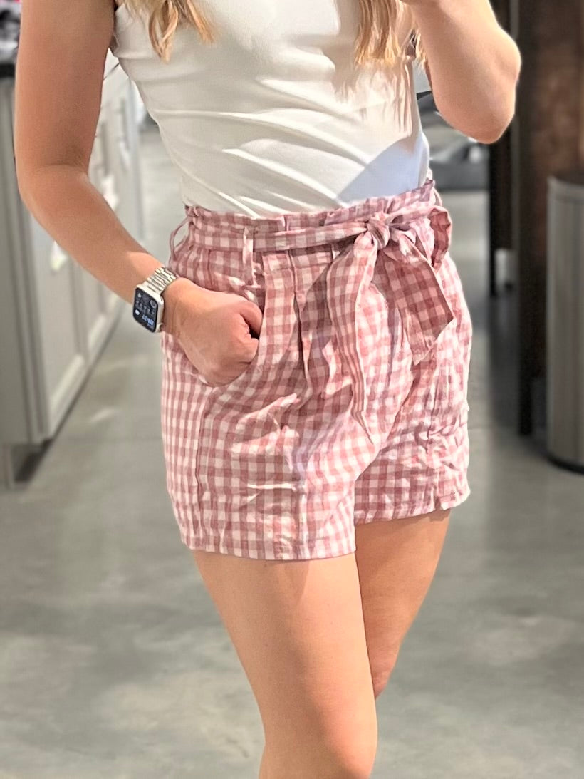High Waist Paperbag Checkered Shorts with Sash & Pockets