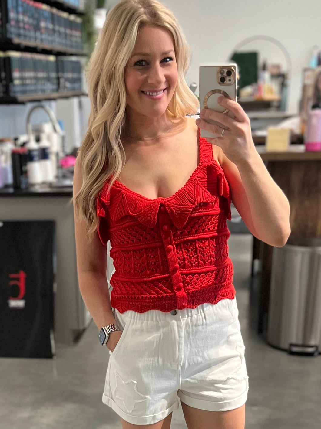 Red Button Down Crochet Knit Top