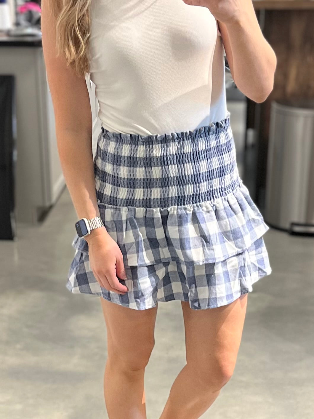 Smocked Checkered Tiered Mini Skirt