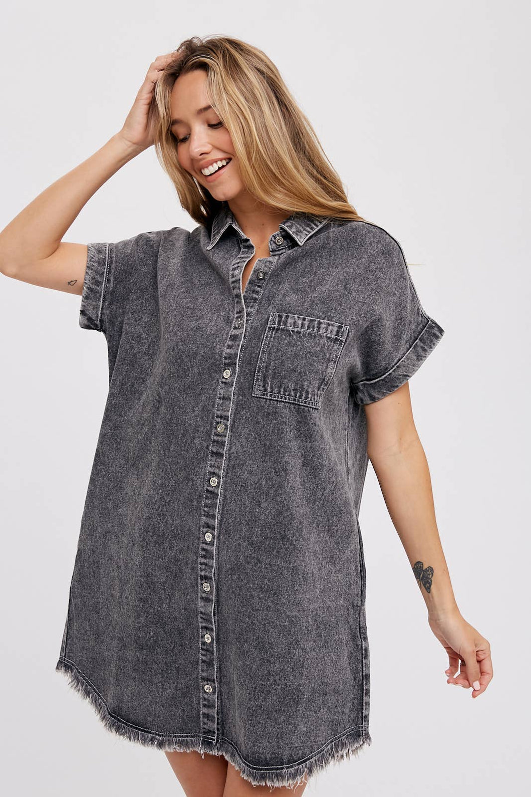 Denim Shirt Dress with Frayed Hem and Cuffed Sleeves