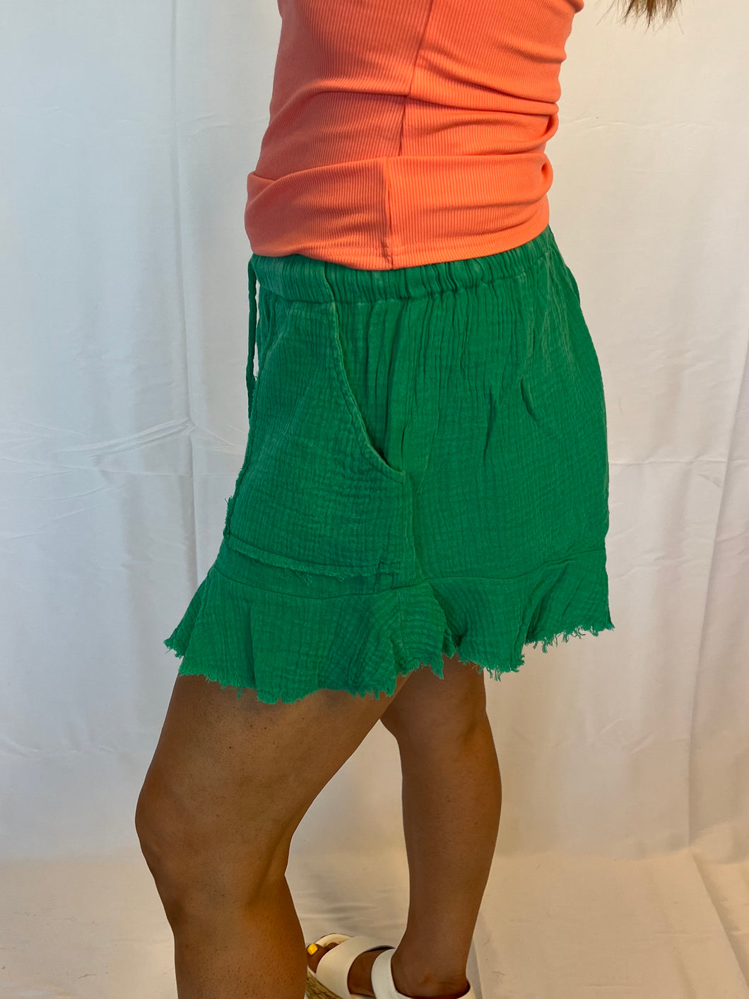 Kelly Green Gauze Shorts with a raw hem