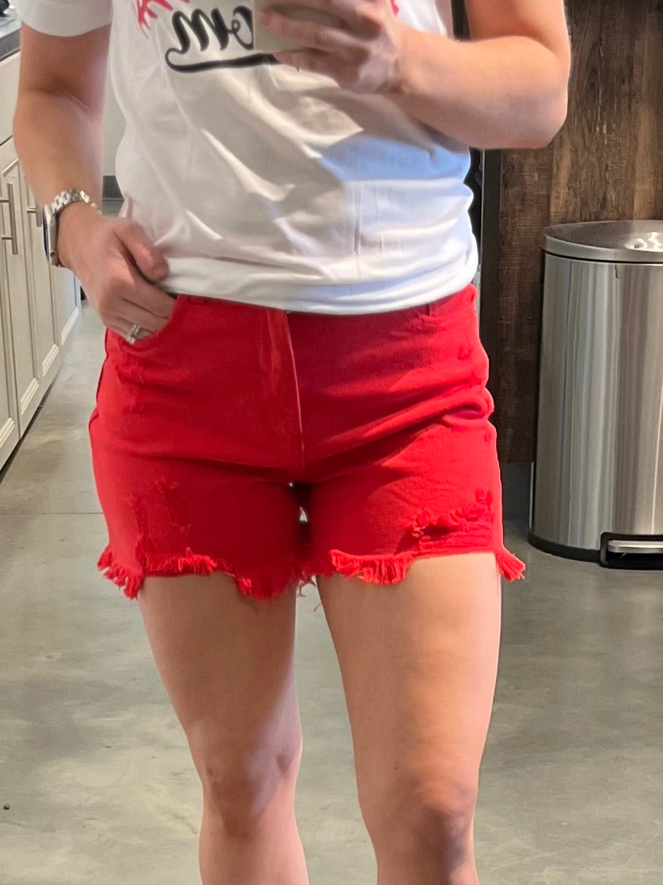 Red Risen High Rise Distressed Detail Shorts