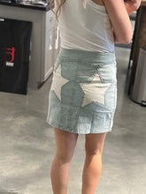 Load image into Gallery viewer, Acid Wash Sage Demin Skirt with Stars on Back
