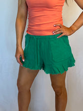 Load image into Gallery viewer, Kelly Green Gauze Shorts with a raw hem
