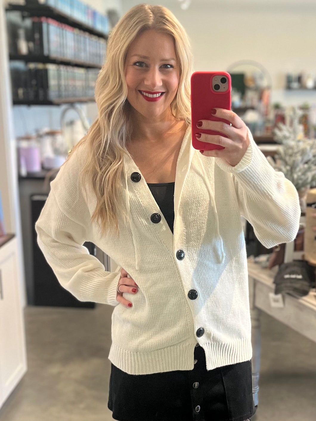 White Button Down Open Front Hoodie Cardigan Sweater LP