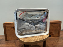 Load image into Gallery viewer, Clear, rectangular, stadium cross-body bag, gold-tone hardware, decorative scarf
