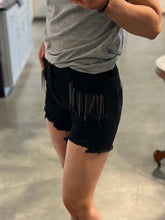 Load image into Gallery viewer, High-Rise Black Denim with Rhinestone Fringe Detail Shorts
