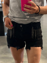 Load image into Gallery viewer, High-Rise Black Denim with Rhinestone Fringe Detail Shorts
