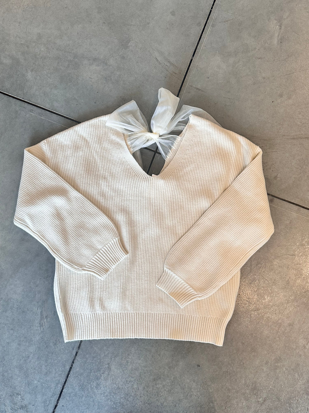 V-Neck Drop Shoulder Back Bow Tie Detail Sweater