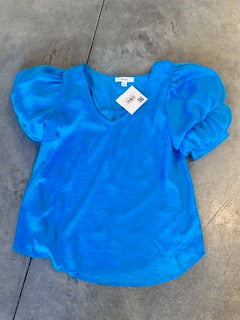 Blue Layered Balloon Sleeve V Neck Blouse