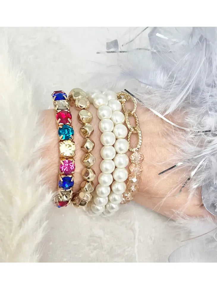 Pearl And Multicolor Gemstone Bracelet Duo