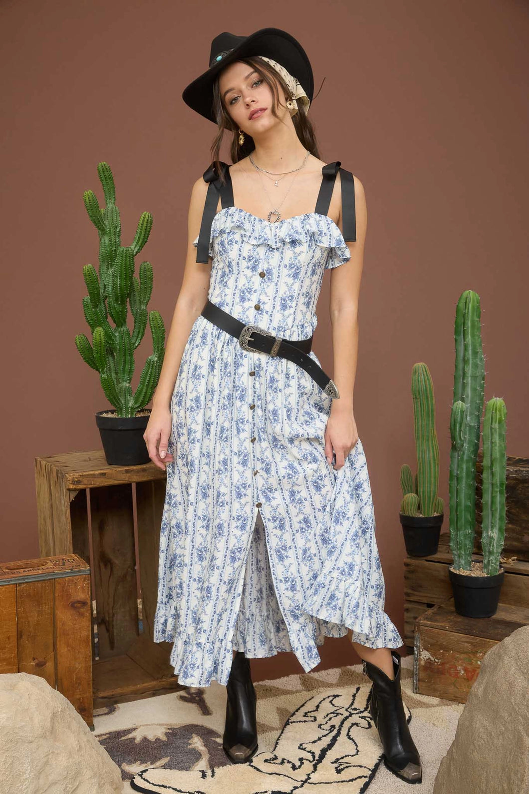 Girl in blue floral dress