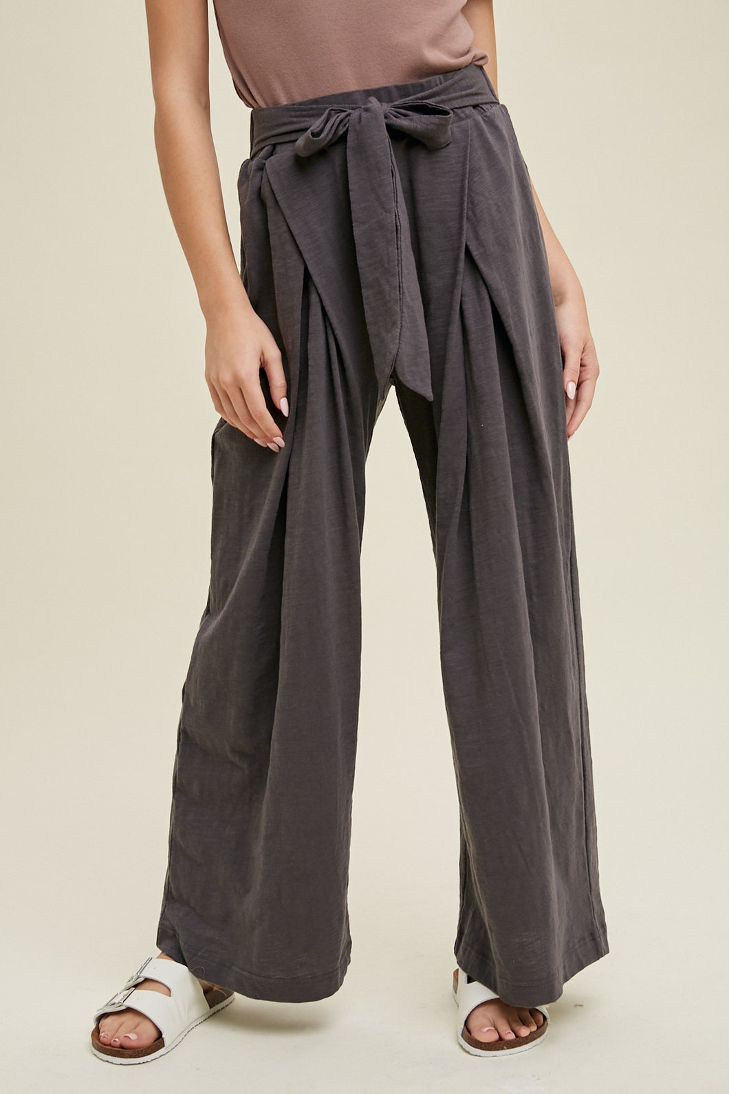 Pleated Wide Leg Front Tie Pants