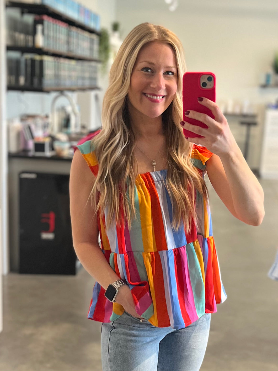 Rainbow Color Striped Shirt with Ruffled Straps
