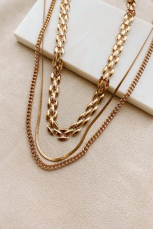Gold Panther, Curb, & Herringbone Chain Detail Layered Necklace