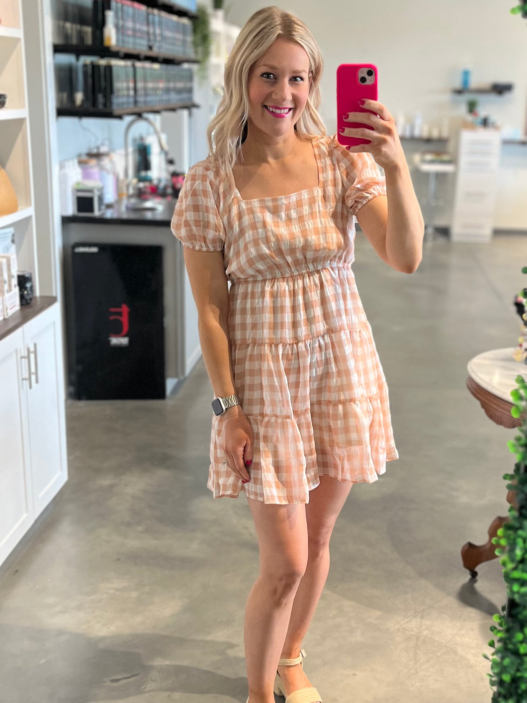 Blush Pink Gingham Mini Dress with Tie on Back