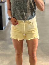 Load image into Gallery viewer, Pale Yellow High Rise Distressed Detail Shorts
