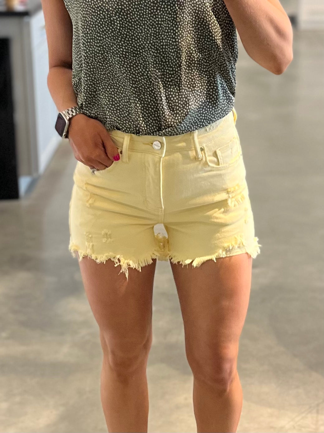 Pale Yellow High Rise Distressed Detail Shorts